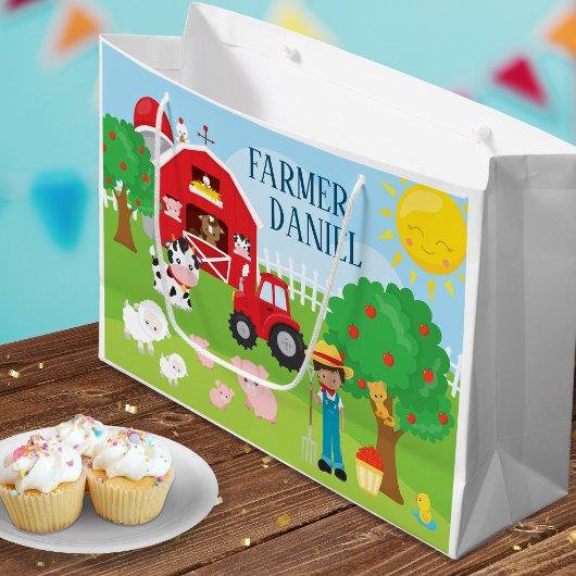 かわいい漫画納屋周囲の庭動物、農家、トラクター ラージペーパーバッグ