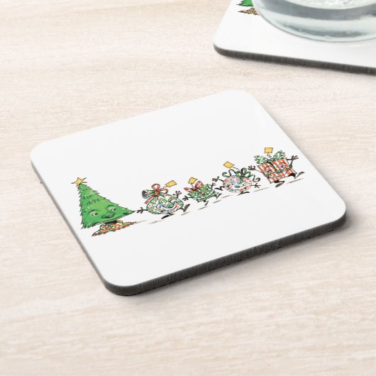 かわいい漫画踊りクリスマスプレゼントとツリー コースター (左側)