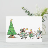 かわいい漫画踊りクリスマスプレゼントとツリー シーズンカード (スタンド正面)