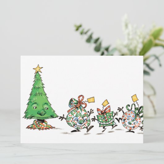 かわいい漫画踊りクリスマスプレゼントとツリー シーズンカード (スタンド正面)