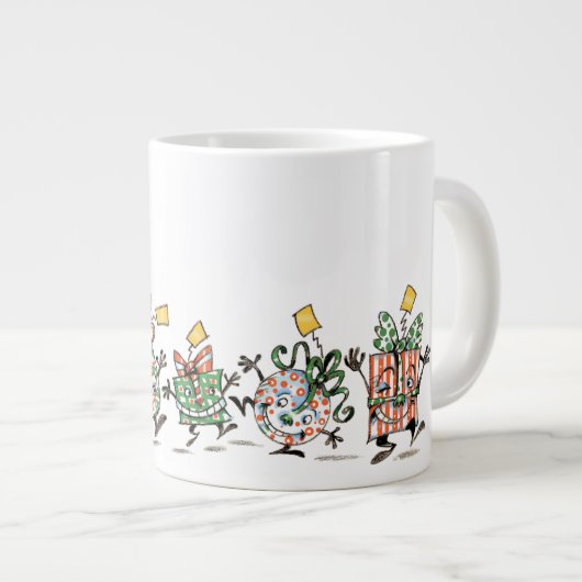 かわいい漫画踊りクリスマスプレゼントとツリー ジャンボコーヒーマグカップ (正面右)