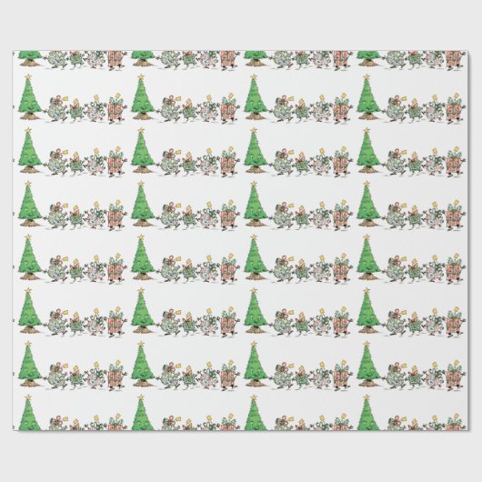 かわいい漫画踊りクリスマスプレゼントとツリー ラッピングペーパー (フラット)