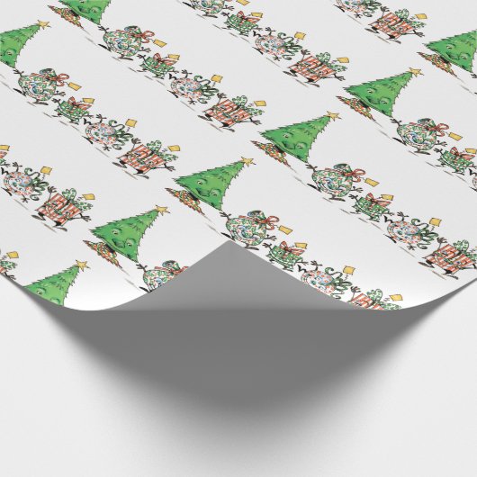 かわいい漫画踊りクリスマスプレゼントとツリー ラッピングペーパー (角)
