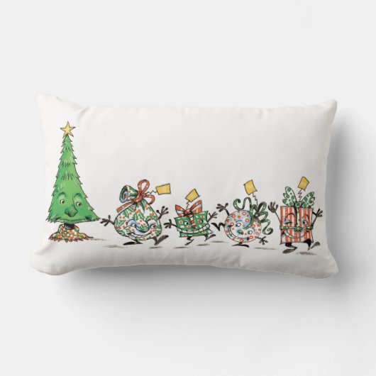かわいい漫画踊りクリスマスプレゼントとツリー ランバークッション (正面)
