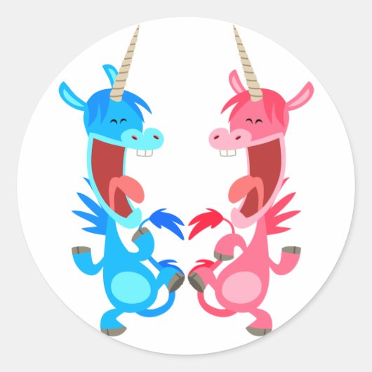 かわいい漫画踊りユニコーンのステッカー ラウンドシール (正面)