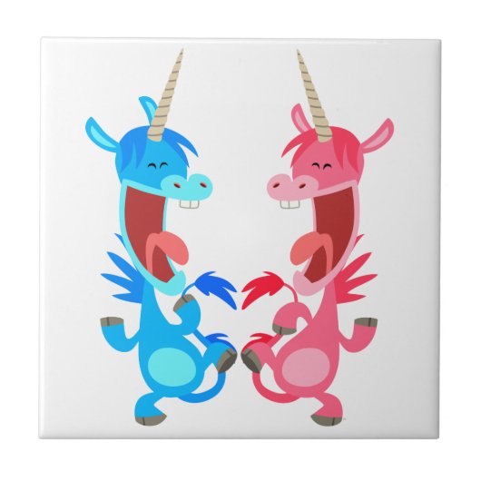 かわいい漫画踊りユニコーンのタイル タイル (正面)