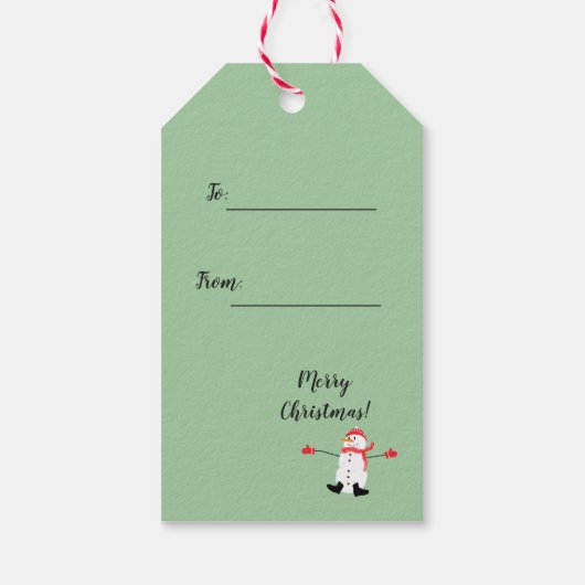 かわいい漫画雪だるまオ何おもしろいセージ緑 ギフトタグ (裏面)