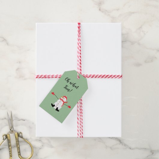 かわいい漫画雪だるまオ何おもしろいセージ緑 ギフトタグ (より糸付き)