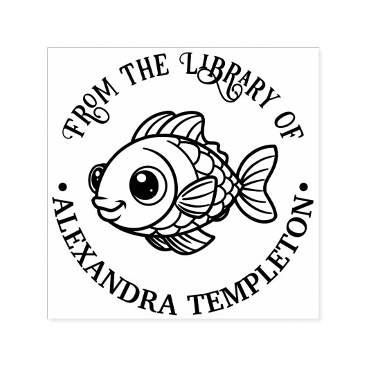 かわいい漫画風のふわふわ魚の図書館本の名前 セルフインキングスタンプ (デザイン)