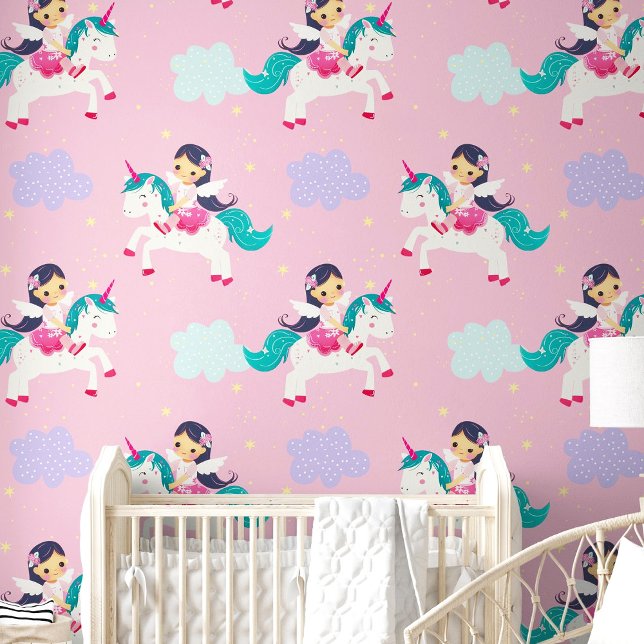 かわいい漫画飛んでいるユニコーンピンク子供部屋ルーム 壁紙 (Cute Cartoon Flying Unicorn Pink Nursery Room Wallpaper)