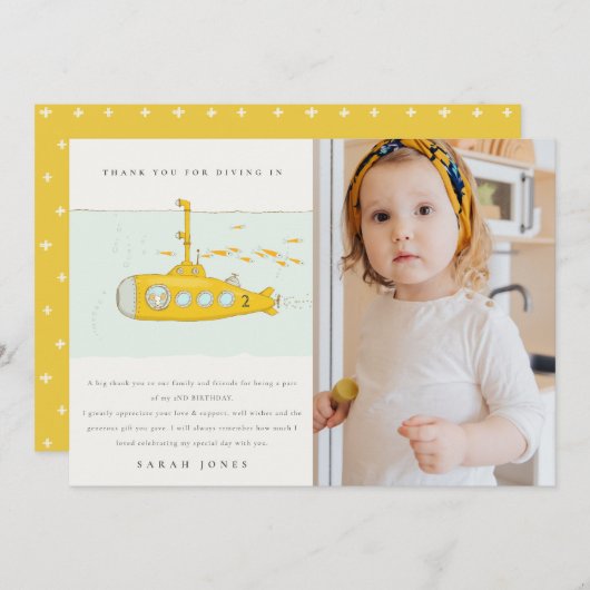 かわいい潜水艦の写真イエローエイジ誕生日 サンキューカード (正面/裏面)