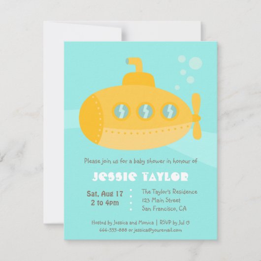 かわいい潜水艦の水中ベビーシャワー招待状 招待状 (正面)