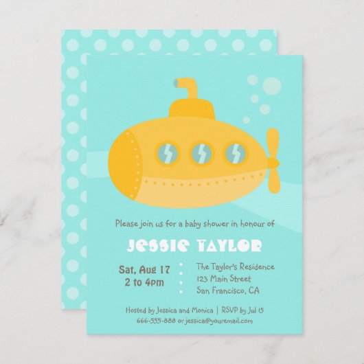 かわいい潜水艦の水中ベビーシャワー招待状 招待状 (正面/裏面)