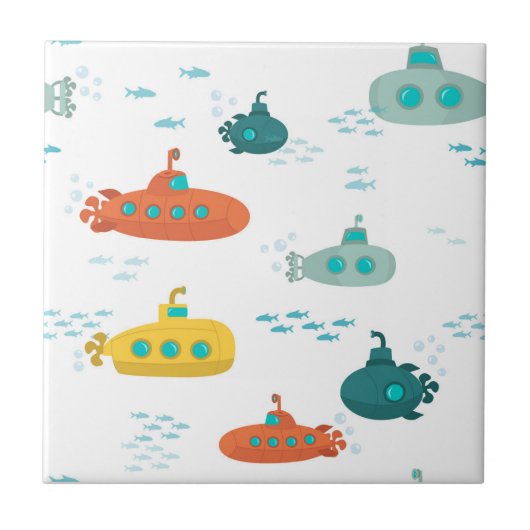 かわいい潜水艦の海の深海魚の子供たち タイル (正面)