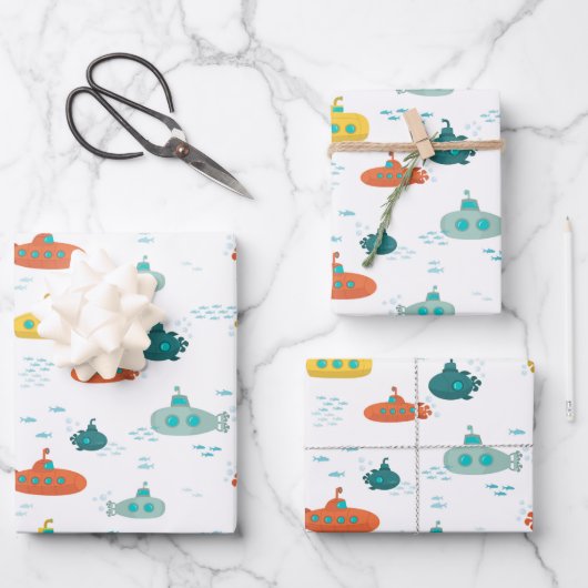 かわいい潜水艦の海の深海魚パターン ラッピングペーパーシート (正面)