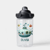 かわいい潜水艦、魚や泡つきの微笑み ウォーターボトル (背面)