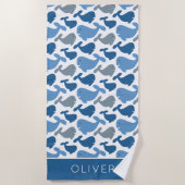 かわいい濃紺のコククジラのパーソナライズな子供 ビーチタオル (正面)