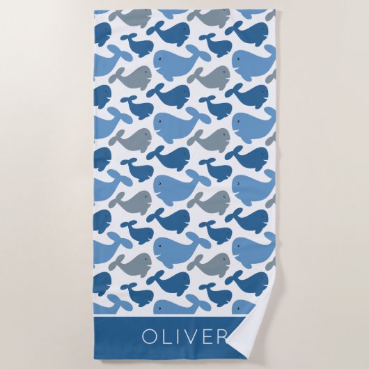 かわいい濃紺のコククジラのパーソナライズな子供 ビーチタオル (正面)