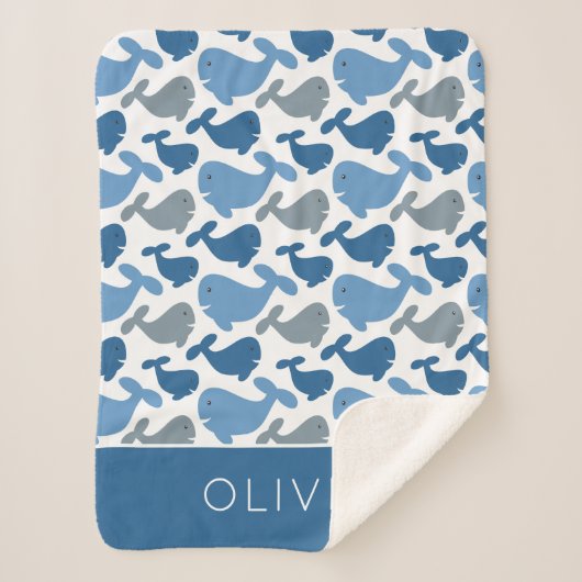 かわいい濃紺のコククジラのパーソナライズな男の子 シェルパブランケット (正面)