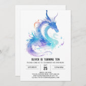 かわいい火吹きドラゴン誕生日パーティー 招待状 (正面/裏面)