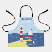 かわいい灯台とボートのシーサイドアートパーソナライズされた エプロン (正面)