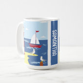 かわいい灯台とボートのシーサイドアートパーソナライズされた コーヒーマグカップ (正面左)