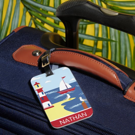 かわいい灯台とボートのシーサイドアートパーソナライズされた ラゲッジタグ (正面インサイチュ1)