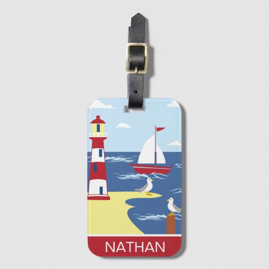 かわいい灯台とボートのシーサイドアートパーソナライズされた ラゲッジタグ (正面縦)