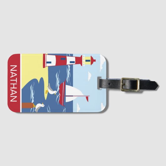 かわいい灯台とボートのシーサイドアートパーソナライズされた ラゲッジタグ (正面横)