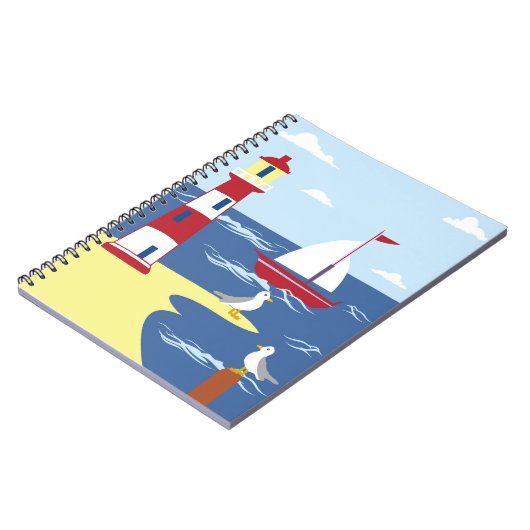 かわいい灯台とボートのシーサイドアート ノートブック (左側)