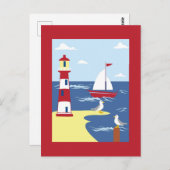 かわいい灯台とボートのシーサイドアート ポストカード (正面/裏面)