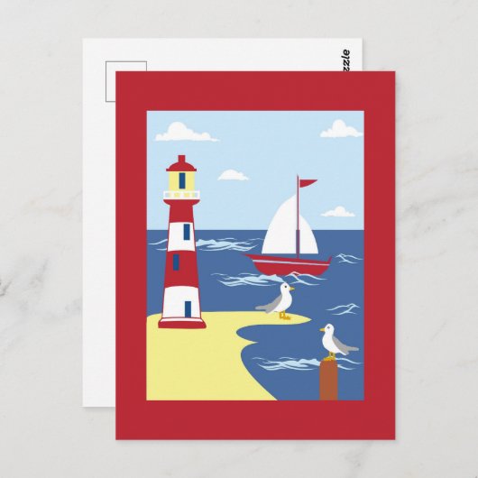 かわいい灯台とボートのシーサイドアート ポストカード (正面/裏面)