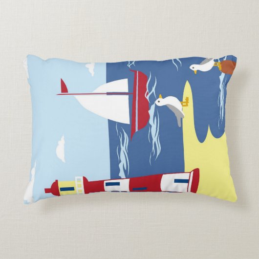 かわいい灯台とボートシーサイドイラストレーション アクセントクッション (正面)