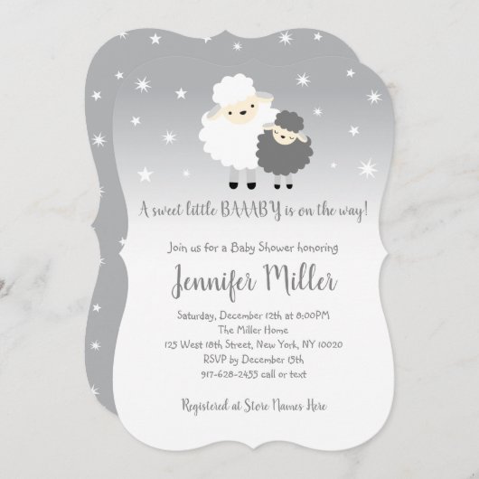 かわいい灰と白の子羊のベビーシャワー 招待状 (正面/裏面)