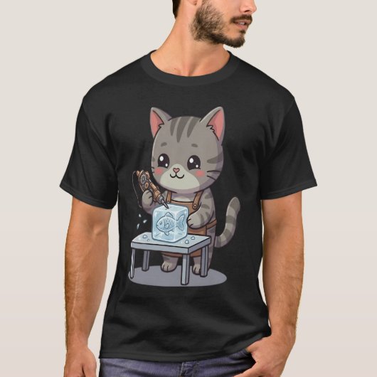 かわいい灰色のねこの氷彫刻家 Tシャツ (正面)