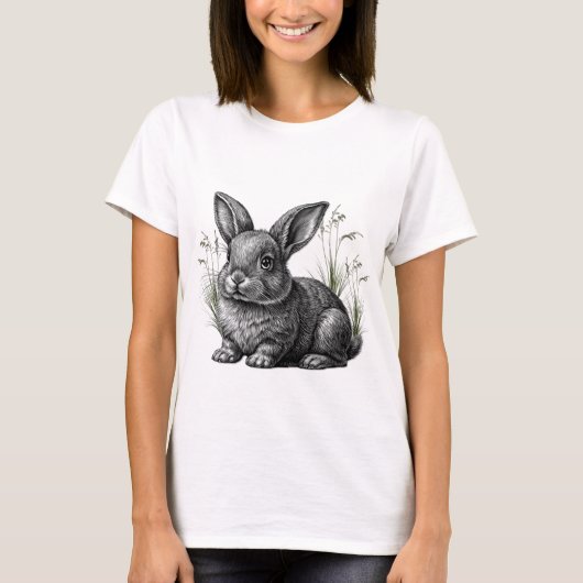 かわいい灰色のウサギの草 Tシャツ (正面)
