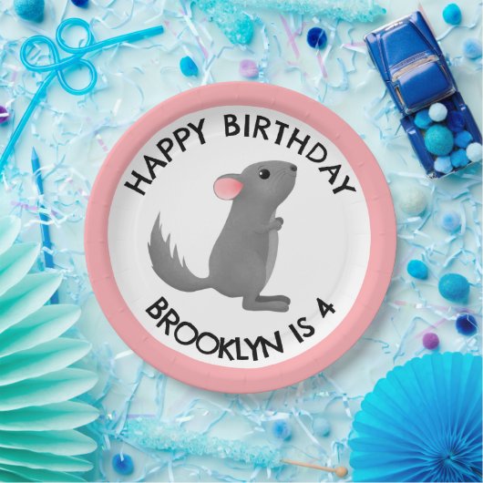 かわいい灰色のピンクのチンチラパーソナライズされた誕生日 ペーパープレート (パーティー)