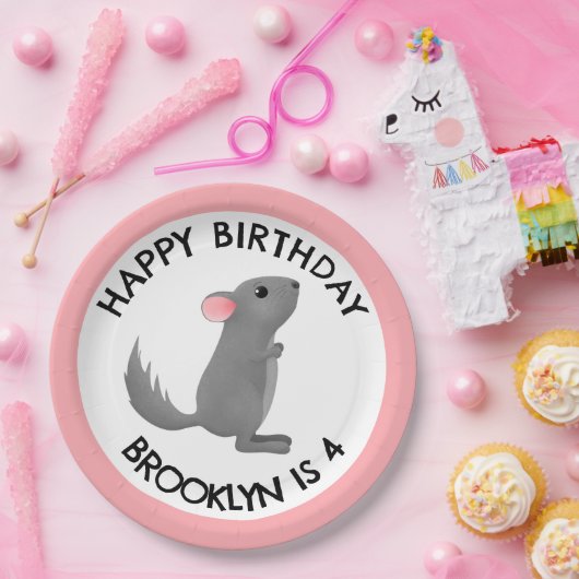かわいい灰色のピンクのチンチラパーソナライズされた誕生日 ペーパープレート (パーティー)