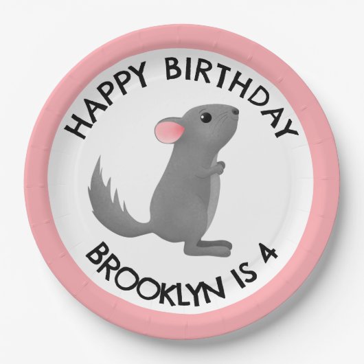 かわいい灰色のピンクのチンチラパーソナライズされた誕生日 ペーパープレート (正面)