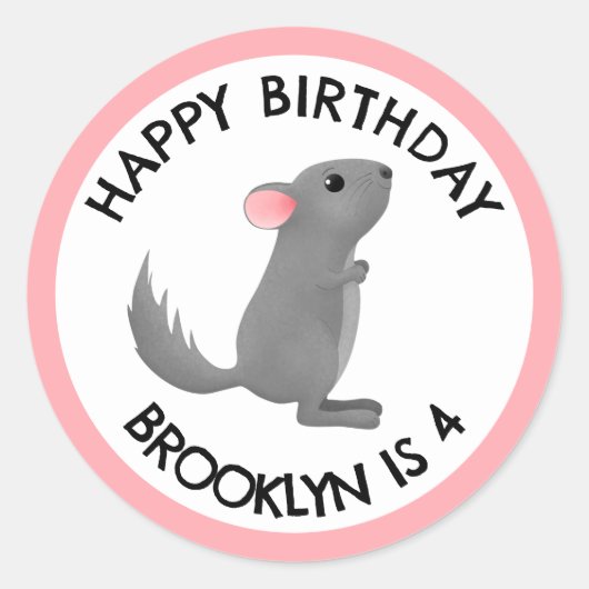 かわいい灰色のピンクのチンチラパーソナライズされた誕生日 ラウンドシール (正面)