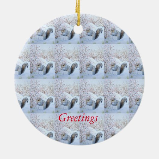 かわいい灰色のリス雪のシーン野生動物 セラミックオーナメント (裏面)