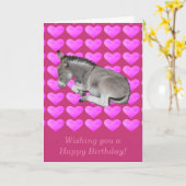 かわいい灰色のロバのピンクのハート誕生日 カード (黄色い花)