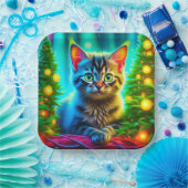 かわいい灰色の子猫とクリスマスツリー ペーパープレート (パーティー)