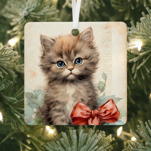 かわいい灰色の子猫のクリスマス メタルオーナメント (インサイチュ)