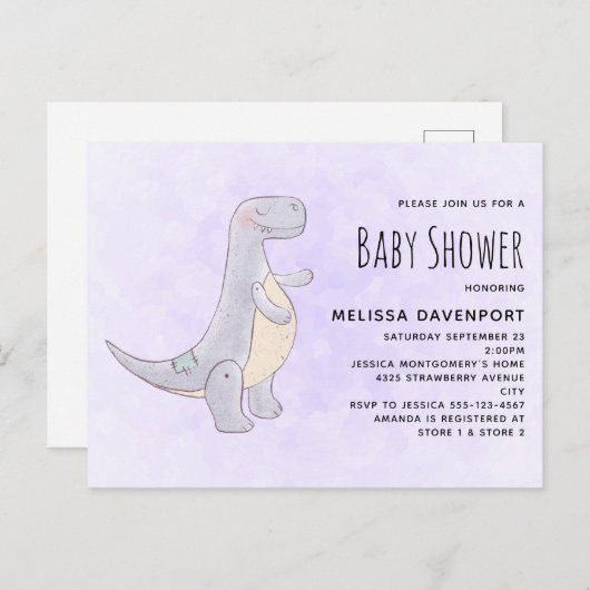 かわいい灰色の恐竜のおもちゃ水彩赤ちゃんシャワー インビテーションポストカード (正面/裏面)