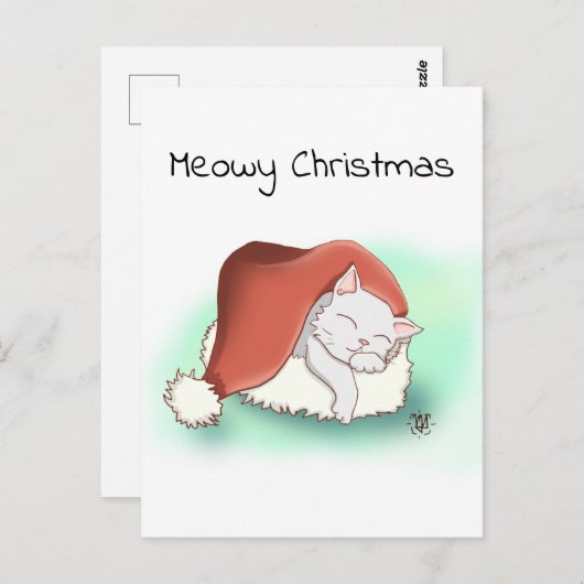 かわいい灰色の漫画の猫がサンタの帽子で寝ている ポストカード (正面/裏面)