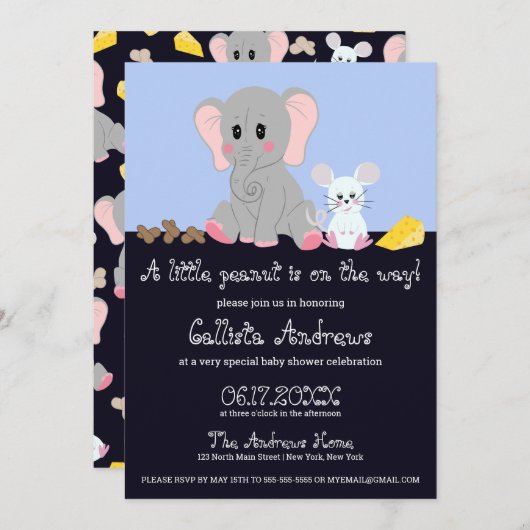 かわいい灰色の白い象のマウスのピーナッツ赤ちゃんシャワー 招待状 (正面/裏面)