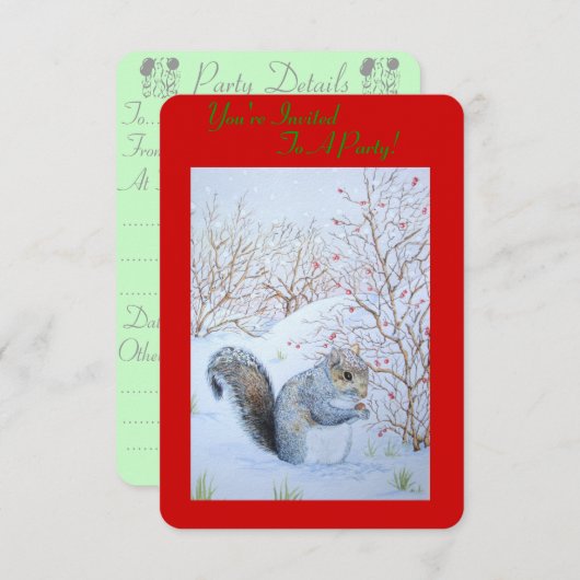 かわいい灰色リスの雪の風景野生動物 招待状 (正面/裏面)