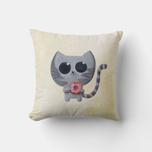 かわいい灰色猫およびドーナツ クッション (正面)