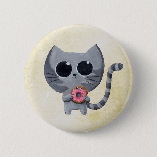 かわいい灰色猫およびドーナツ 缶バッジ (正面)